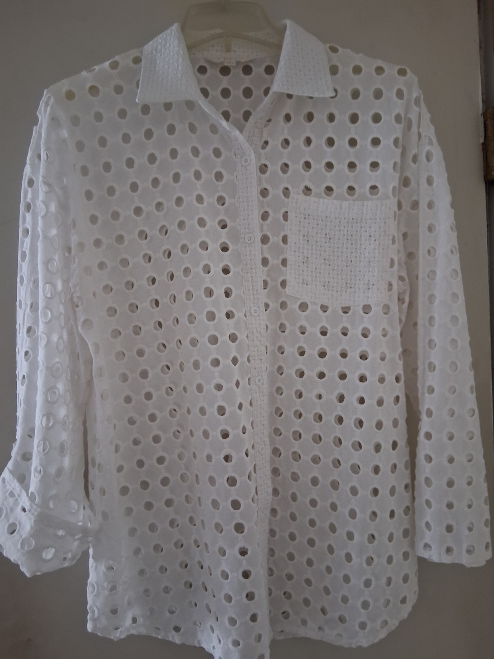 White Eyelet Cotton Button-Up Shirt - Womens